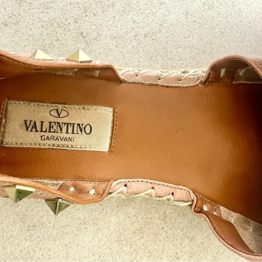 Valentino Garavani Rockstud Pink Leather Espadrille Ankle Wrap Flats Size 37